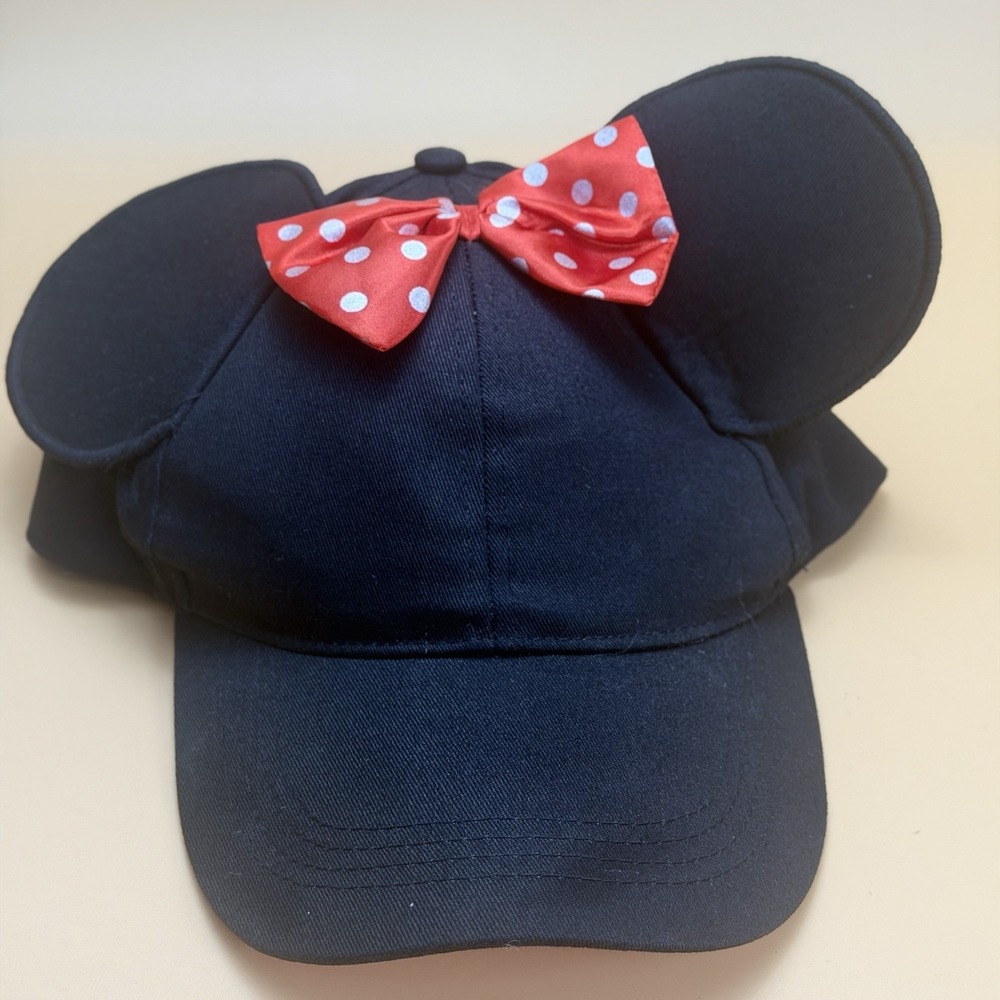 Disney Parks Minnie Mouse Adult Black Adjustable Hat with Ears & Bow NWT